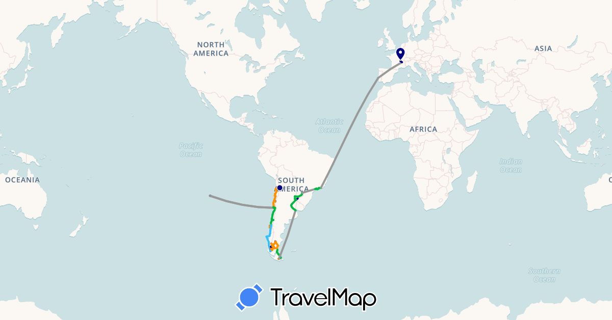 TravelMap itinerary: driving, bus, plane, cycling, train, hiking, boat, hitchhiking, motorbike in Argentina, Bolivia, Brazil, Chile, France, Portugal (Europe, South America)